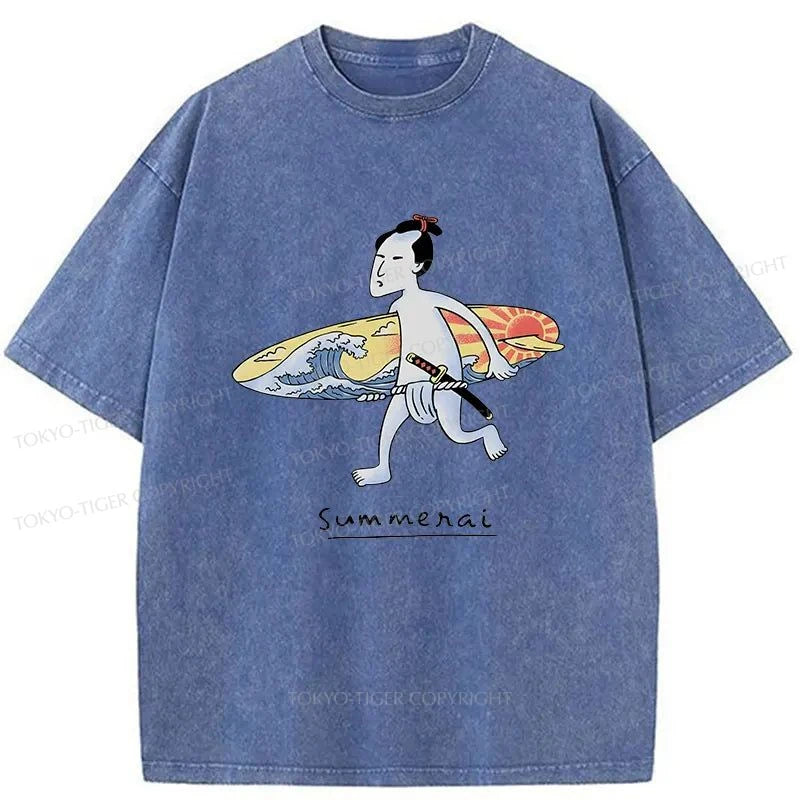 men's summer t-shirts -Tokyo-Tiger Surf Samurai Japanese Washed T-Shirt