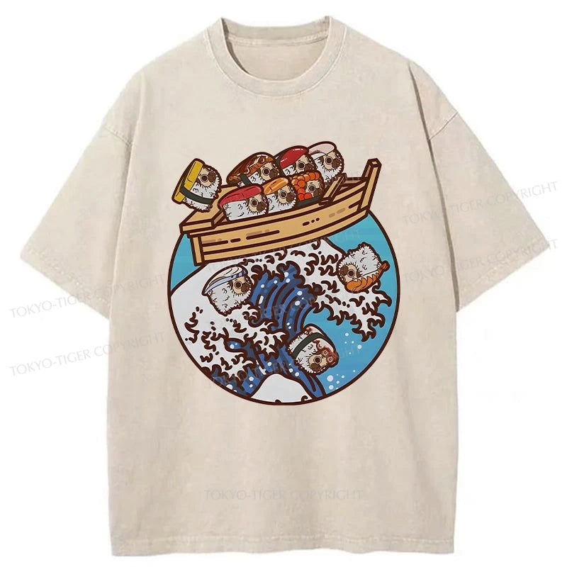 men's cotton t-shirts for summer -Tokyo-Tiger Sushi Puglie And The Great Wave Washed T-Shirt