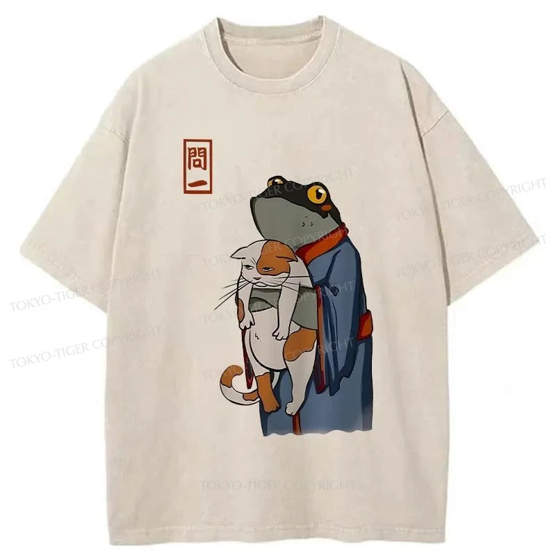 men's v-neck t-shirts -Tokyo-Tiger The Frog Holds The Cat Washed T-Shirt