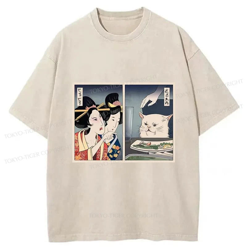 men's trendy graphic t-shirts -Tokyo-Tiger The Geisha Scolded The Cat Washed T-Shirt