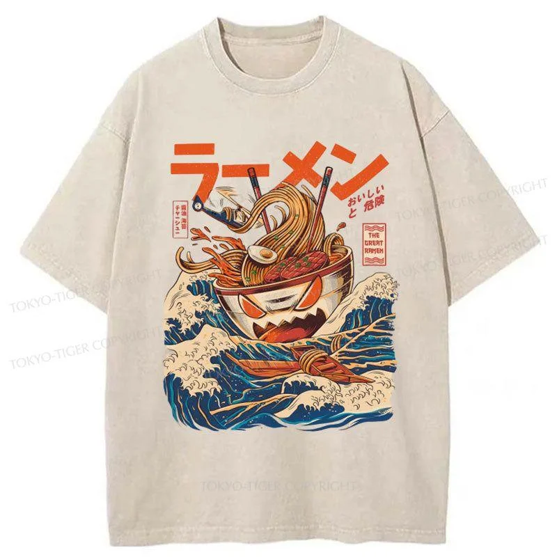 men's slim t-shirts -Tokyo-Tiger The Great Wave Ramen Yokai Washed T-Shirt