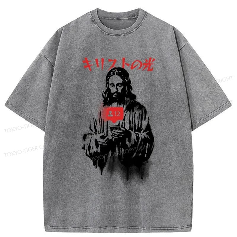 men's graphic print tees for casual wear -Tokyo-Tiger The Light Of Christ Japanese Washed T-Shirt