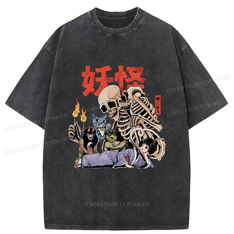 men's casual graphic t-shirts -Tokyo-Tiger The Yokai Club Washed T-Shirt