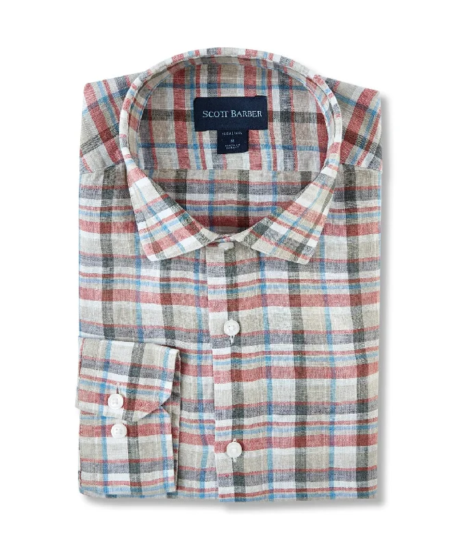 men's linen shirts -Washed Linen Bold Plaid, Spice