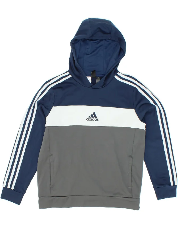 men's stylish fleece hoodies -ADIDAS Boys Aeroready Hoodie Jumper 13-14 Years Navy Blue Colourblock