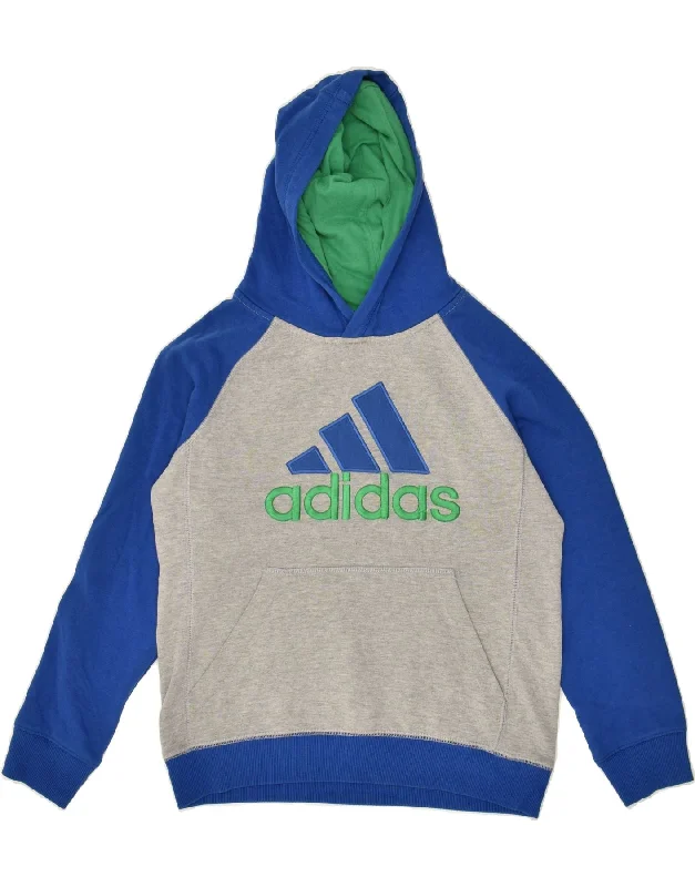 men's hoodie sweatshirt for weekend -ADIDAS Boys Graphic Hoodie Jumper 10-11 Years Medium  Grey Colourblock