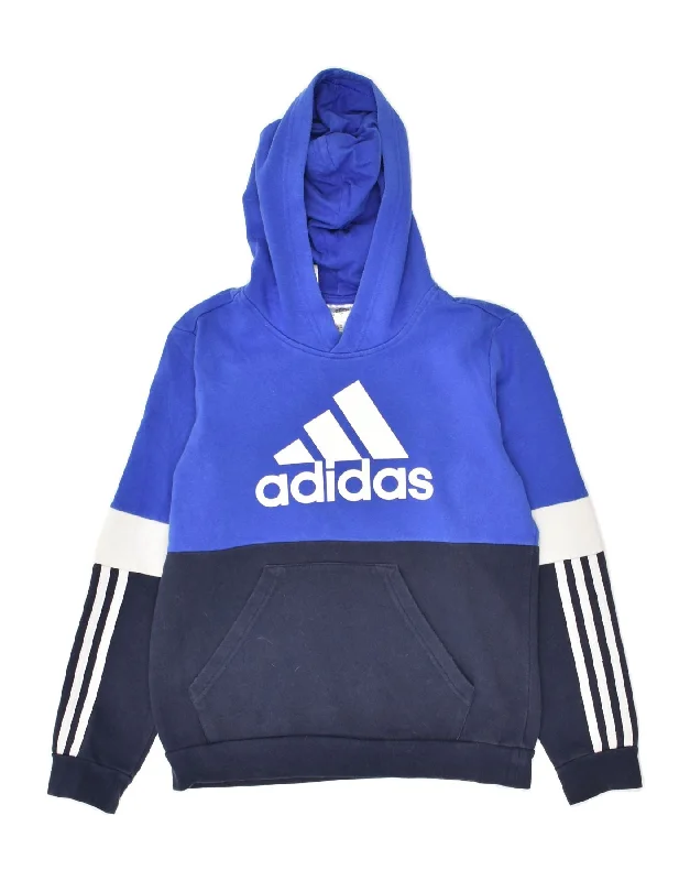 men's hoodie with stylish patterns -ADIDAS Boys Graphic Hoodie Jumper 11-12 Years Blue Colourblock Cotton