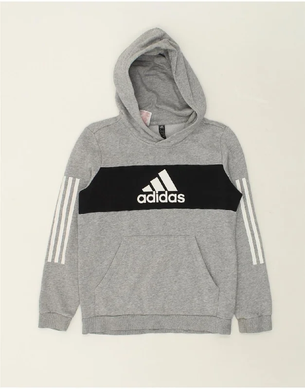 men's hoodie for daily wear -ADIDAS Boys Graphic Hoodie Jumper 11-12 Years Medium  Grey Cotton