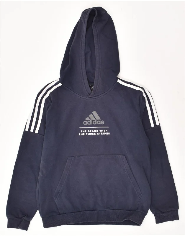 men's hoodie with pockets -ADIDAS Boys Graphic Hoodie Jumper 11-12 Years Navy Blue Cotton