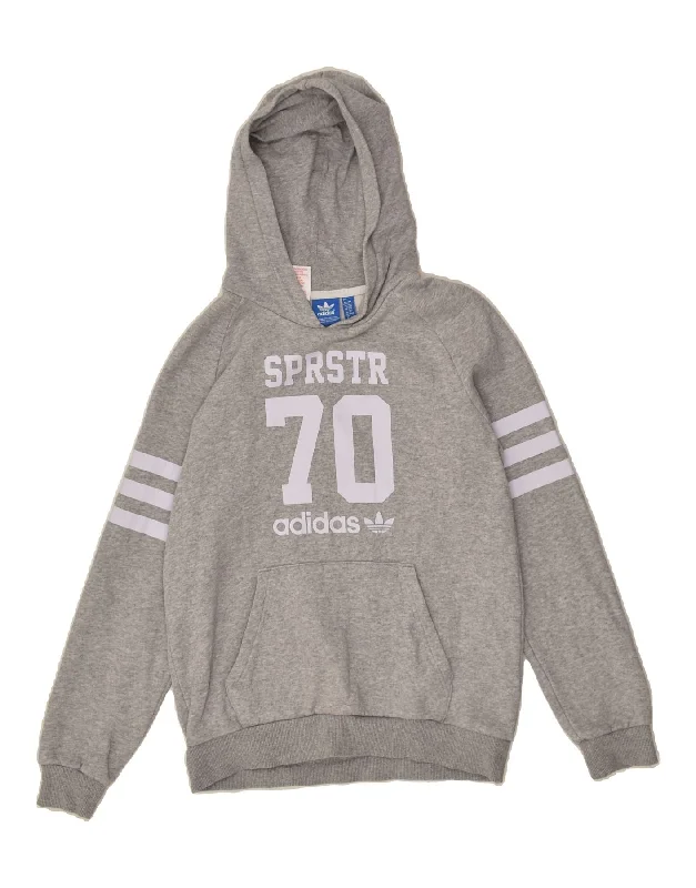 men's hoodie sweatshirt with graphics -ADIDAS Boys Graphic Hoodie Jumper 13-14 Years Grey Cotton