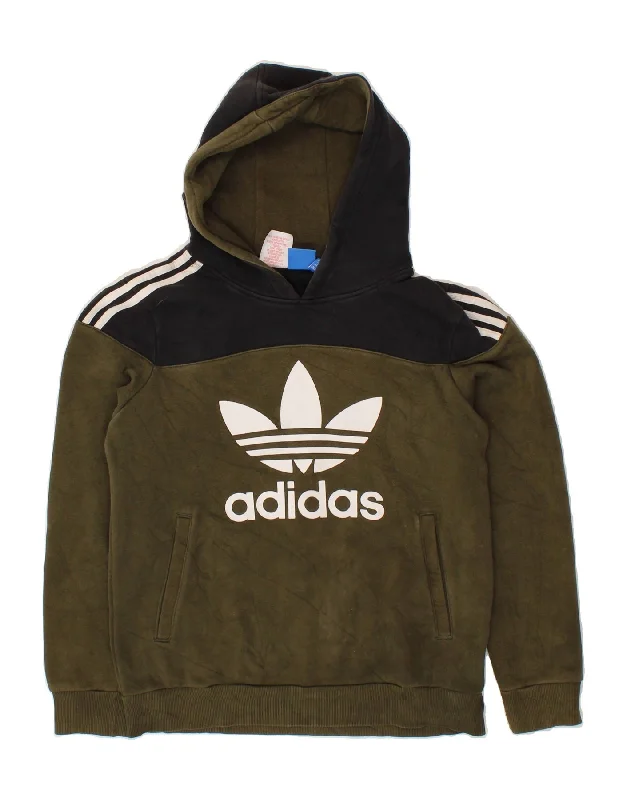 men's hoodie for outdoor wear -ADIDAS Boys Graphic Hoodie Jumper 13-14 Years Khaki Colourblock Cotton