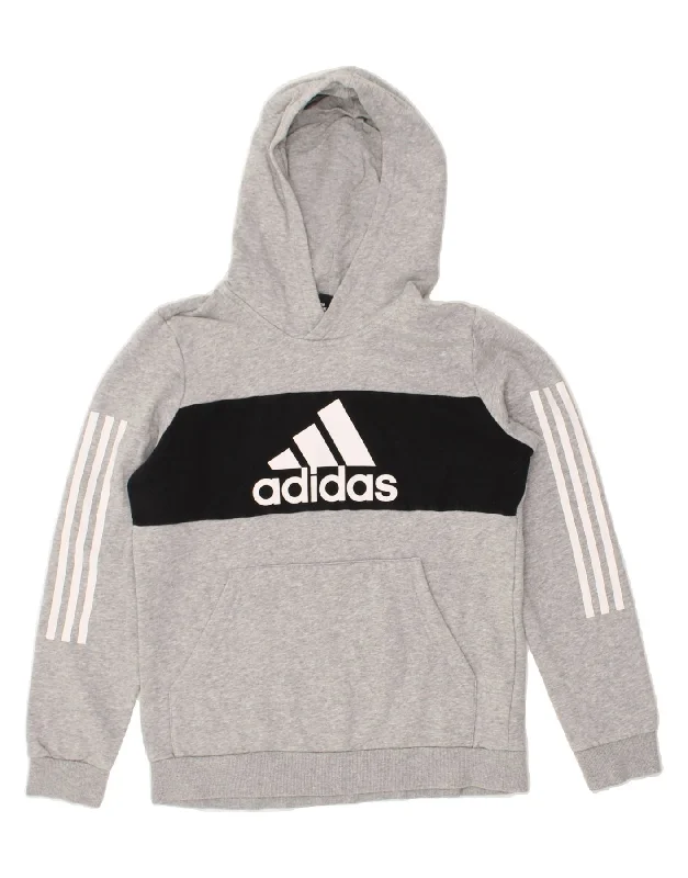 men's hoodie with zippered pockets -ADIDAS Boys Graphic Hoodie Jumper 13-14 Years Large Grey Colourblock