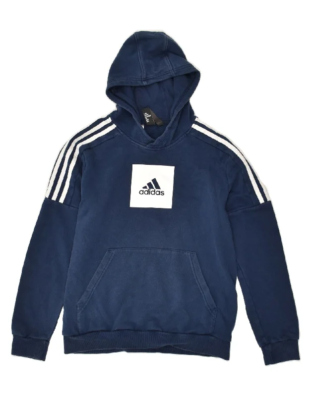 men's pullover hoodie with drawstrings -ADIDAS Boys Graphic Hoodie Jumper 13-14 Years Navy Blue Cotton