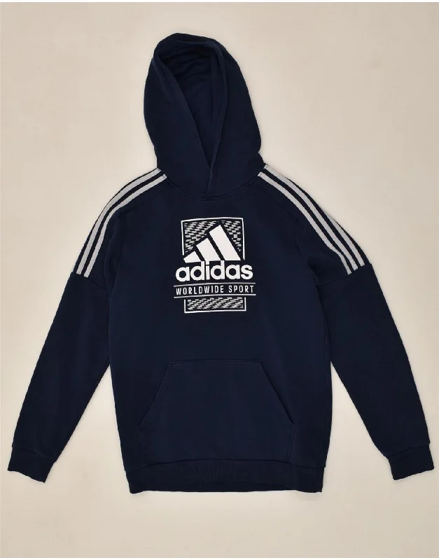 men's cozy fleece sweatshirts -ADIDAS Boys Graphic Hoodie Jumper 13-14 Years Navy Blue Cotton