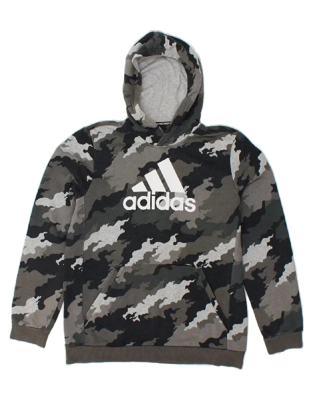 men's thick hoodies for winter -ADIDAS Boys Graphic Hoodie Jumper 15-16 Years Grey Camouflage Cotton