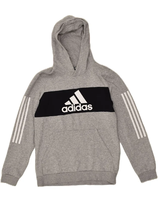 men's hoodie with zipper closure -ADIDAS Boys Graphic Hoodie Jumper 15-16 Years Grey Colourblock Cotton