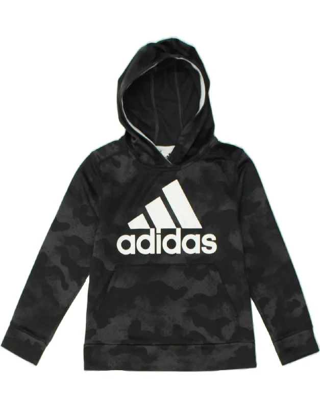 men's pullover hoodie with drawstrings -ADIDAS Boys Graphic Hoodie Jumper 7-8 Years Small Black Camouflage