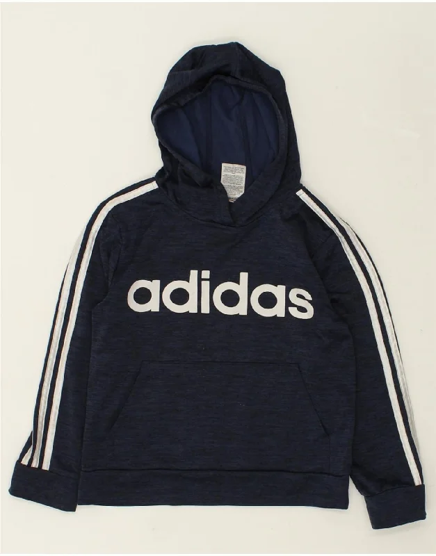 men's hoodie with pockets -ADIDAS Boys Graphic Hoodie Jumper 8-9 Years Small Navy Blue Flecked Cotton