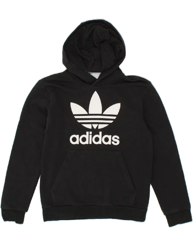 men's fleece-lined hoodies -ADIDAS Boys Graphic Hoodie Jumper 9-10 Years Black Cotton