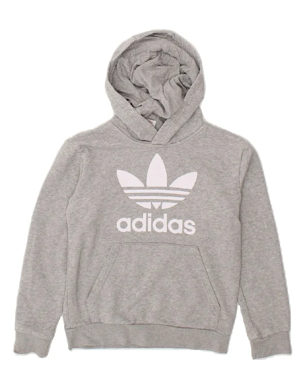 men's casual zip-up hoodies -ADIDAS Boys Graphic Hoodie Jumper 9-10 Years Grey Cotton