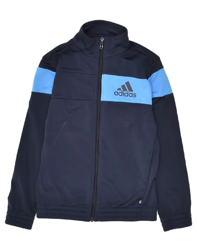 men's outdoor adventure jackets -ADIDAS Boys Graphic Tracksuit Top Jacket 7-8 Years Navy Blue Colourblock