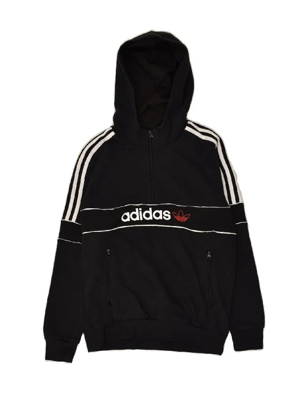 men's hoodie with pockets -ADIDAS Boys Graphic Zip Neck Hoodie Jumper 13-14 Years Black Cotton