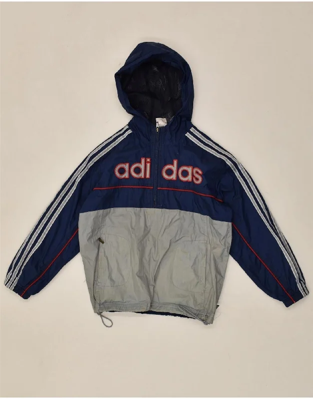 men's outerwear jackets for hiking -ADIDAS Boys Hooded Rain Jacket 9-10 Years Navy Blue Colourblock Polyester