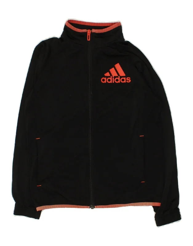 men's zip-up hooded jackets -ADIDAS Boys Tracksuit Top Jacket 9-10 Years Black Polyester