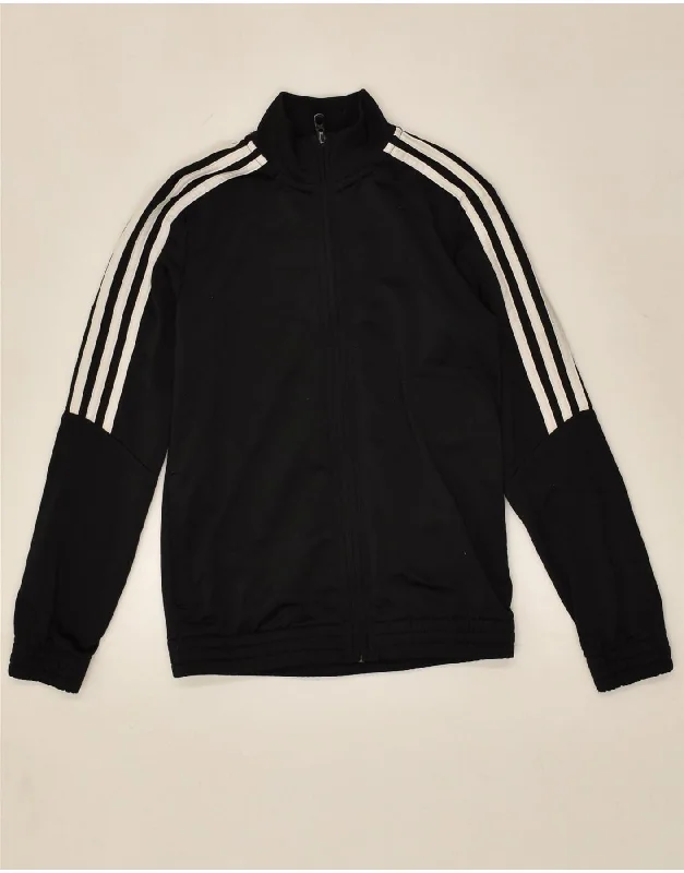 men's bomber jacket with patches -ADIDAS Boys Tracksuit Top Jacket 9-10 Years Black Polyester