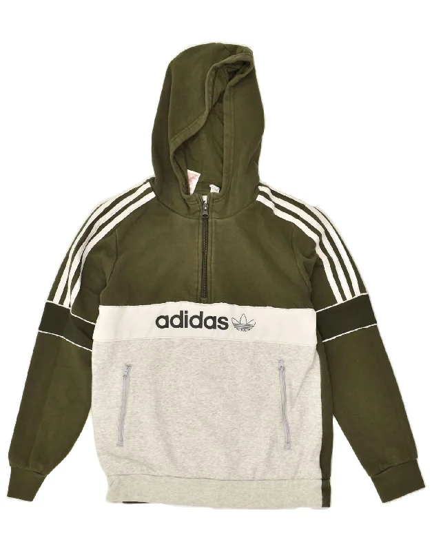 men's fleece-lined hoodies -ADIDAS Boys Zip Neck Graphic Hoodie Jumper 13-14 Years Grey Colourblock