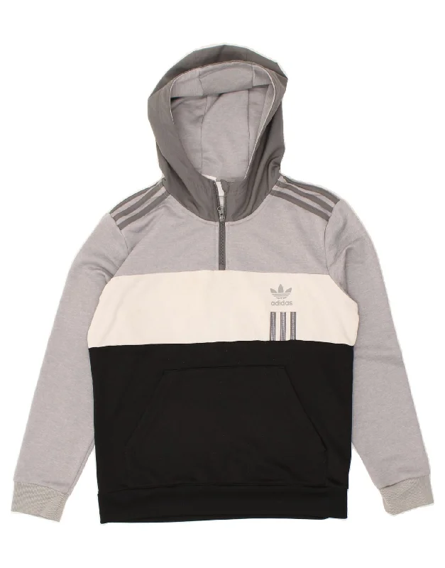 men's zip hoodie with drawstrings -ADIDAS Boys Zip Neck Graphic Hoodie Jumper 13-14 Years Grey Colourblock