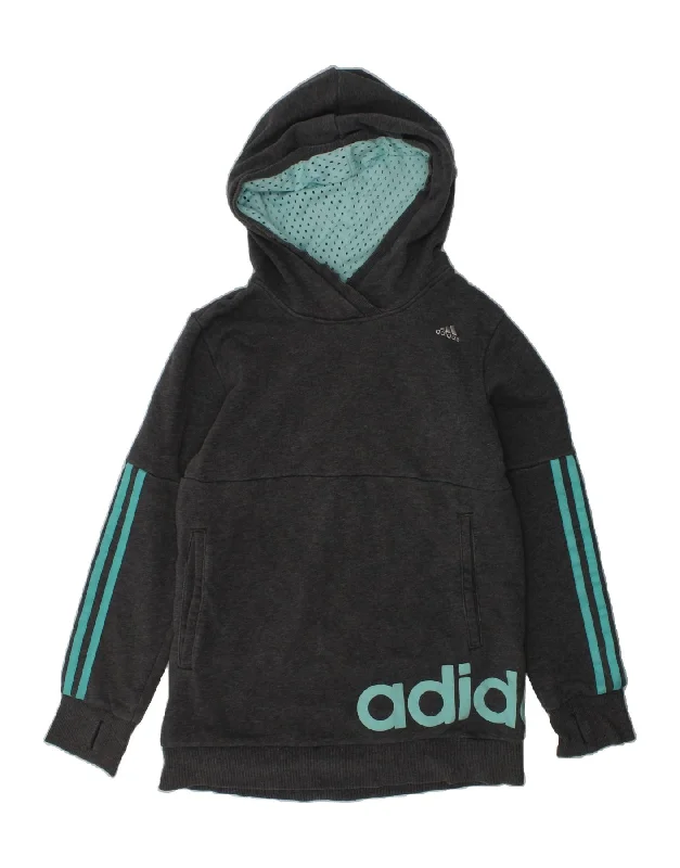 men's hoodie with pockets -ADIDAS Girls Climalite Graphic Hoodie Jumper 11-12 Years Grey