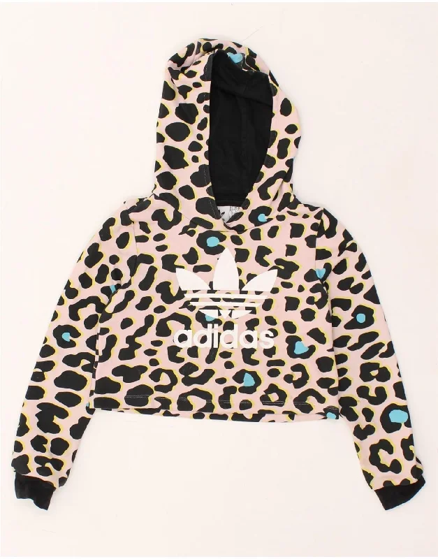 men's hoodie for fashion -ADIDAS Girls Graphic Crop Hoodie Jumper 7-8 Years Pink Animal Print Cotton