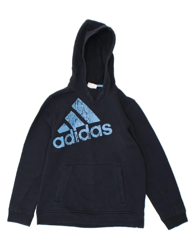 men's printed graphic sweatshirts -ADIDAS Girls Graphic Hoodie Jumper 13-14 Years Navy Blue Cotton