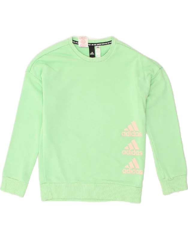 men's hoodie for fall season -ADIDAS Girls Graphic Sweatshirt Jumper 9-10 Years Green Cotton