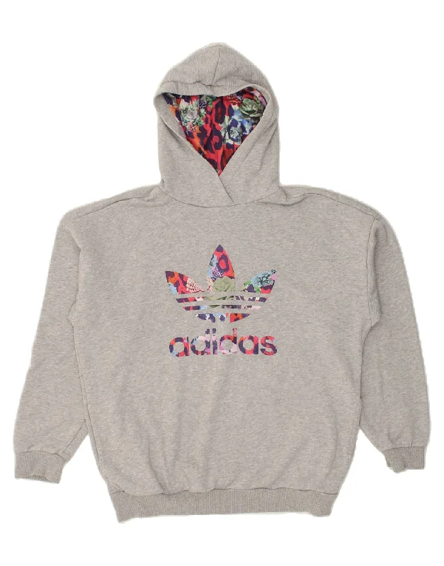 men's comfortable sweatshirts -ADIDAS Girls Loose Fit Graphic Hoodie Jumper 13-14 Years Grey Cotton