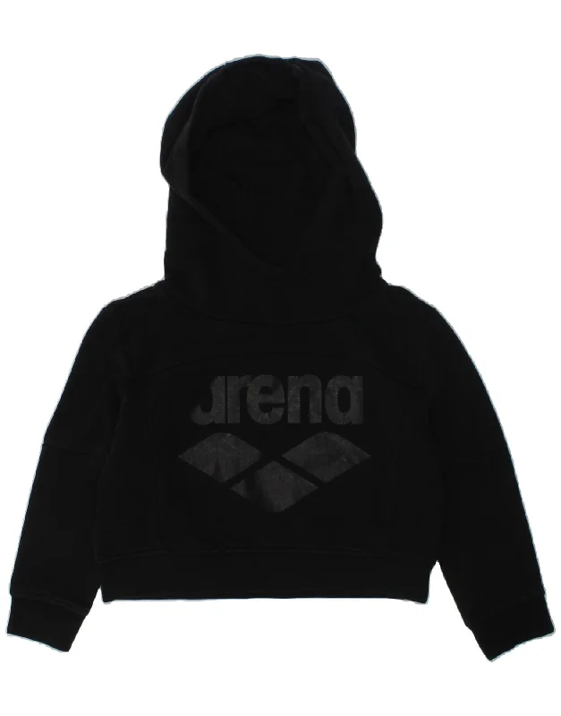 men's hoodie sweatshirt with graphics -ARENA Girls Crop Graphic Hoodie Jumper 5-6 Years Black Cotton