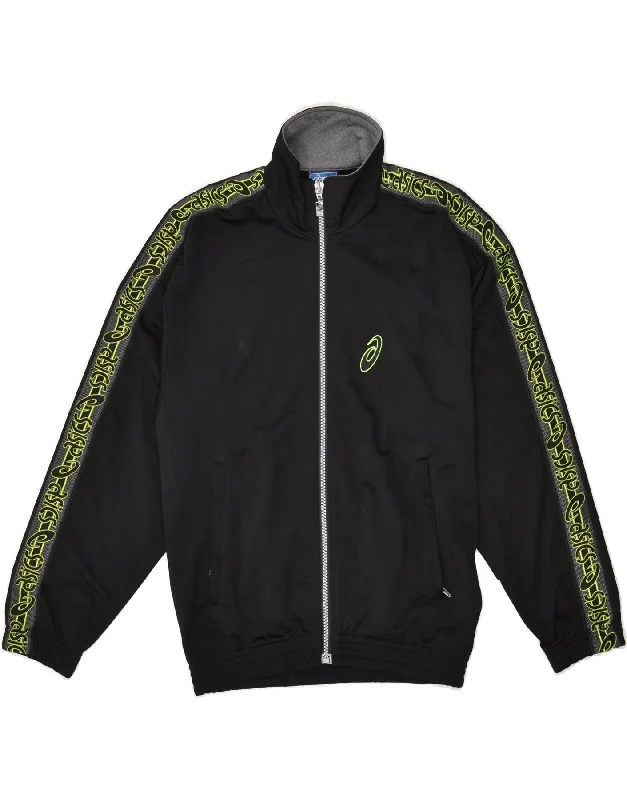 men's windproof jackets -ASICS Boys Graphic Tracksuit Top Jacket 12-13 Years Black Polyester