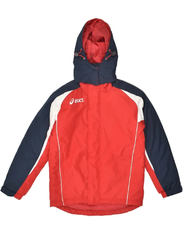 men's warm jackets for fall -ASICS Boys Hooded Padded Jacket 7-8 Years Red Colourblock Polyester