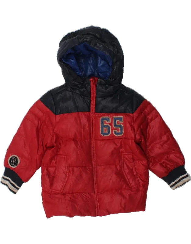 men's leather jackets -BENETTON Boys Graphic Hooded Padded Jacket 2-3 Years Red Colourblock