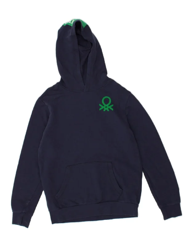 men's hoodie with designs -BENETTON Boys Graphic Hoodie Jumper 15-16 Years 3XL Navy Blue Cotton