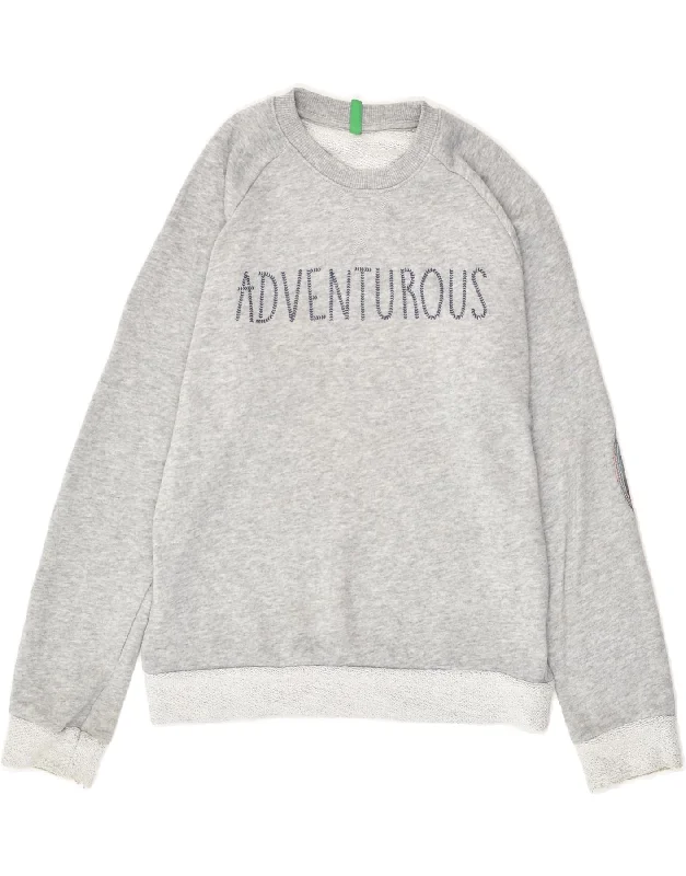 men's warm hoodie jackets -BENETTON Boys Graphic Sweatshirt Jumper 10-11 Years Medium  Grey Flecked