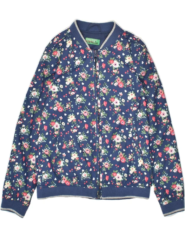 men's bomber jacket with patches -BENETTON Girls Bomber Jacket 6-7 Years Blue Floral