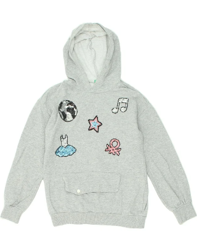 men's fleece-lined hoodies -BENETTON Girls Graphic Hoodie Jumper 8-9 Years Large Grey Cotton