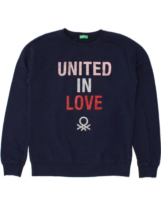 men's warm hoodies -BENETTON Girls Graphic Sweatshirt Jumper 13-14 Years 3XL Navy Blue Cotton