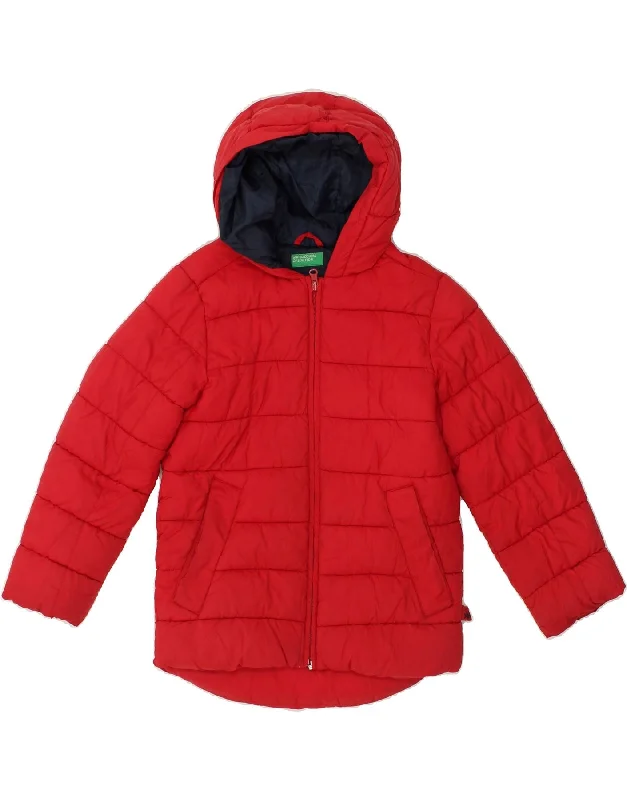 men's outerwear jackets for hiking -BENETTON Girls Hooded Padded Jacket 7-8 Years Medium  Red Polyester