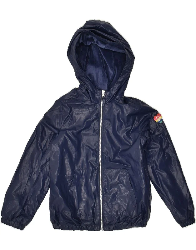 men's zip-up fleece jackets -BENETTON Girls Hooded Rain Jacket 5-6 Years Small  Navy Blue Polyester