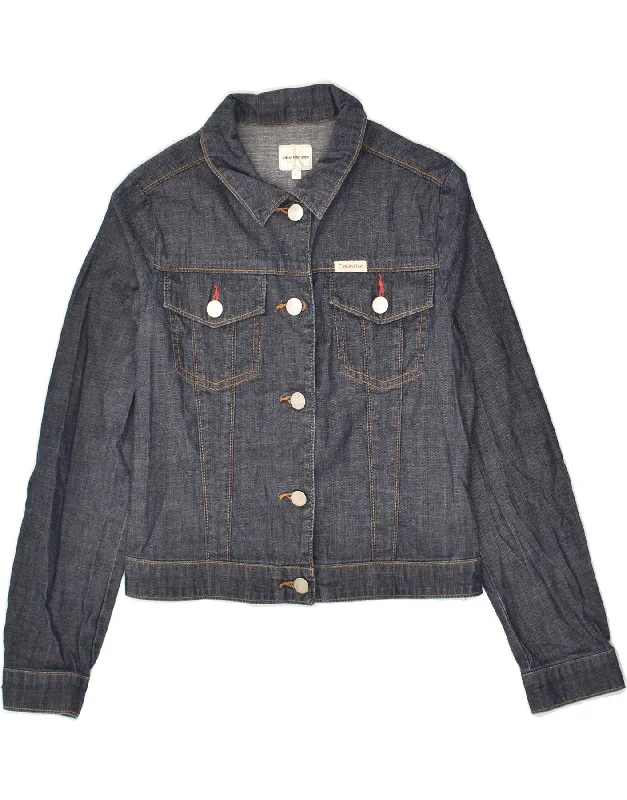 men's tailored jackets -CALVIN KLEIN Girls Graphic Denim Jacket 11-12 Years Navy Blue Cotton