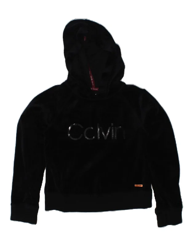 men's trendy hoodies -CALVIN KLEIN Girls Graphic Hoodie Jumper 6-7 Years Small Black Cotton