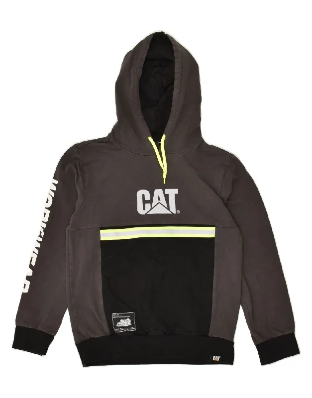 men's pullover hoodie with pockets -CAT Boys Graphic Hoodie Jumper 11-12 Years Grey Colourblock Cotton